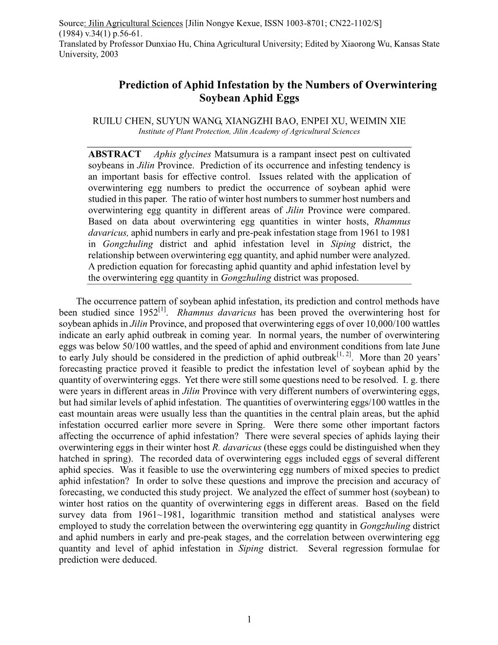 Prediction of Aphid Infestation by the Numbers of Overwintering Soybean Aphid Eggs