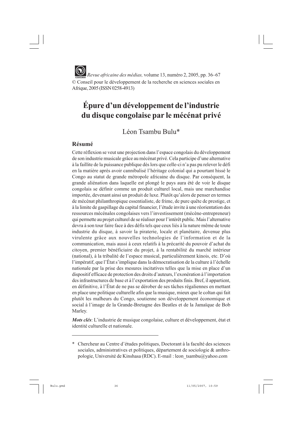 Épure D'un Développement De L'industrie Du Disque Congolaise