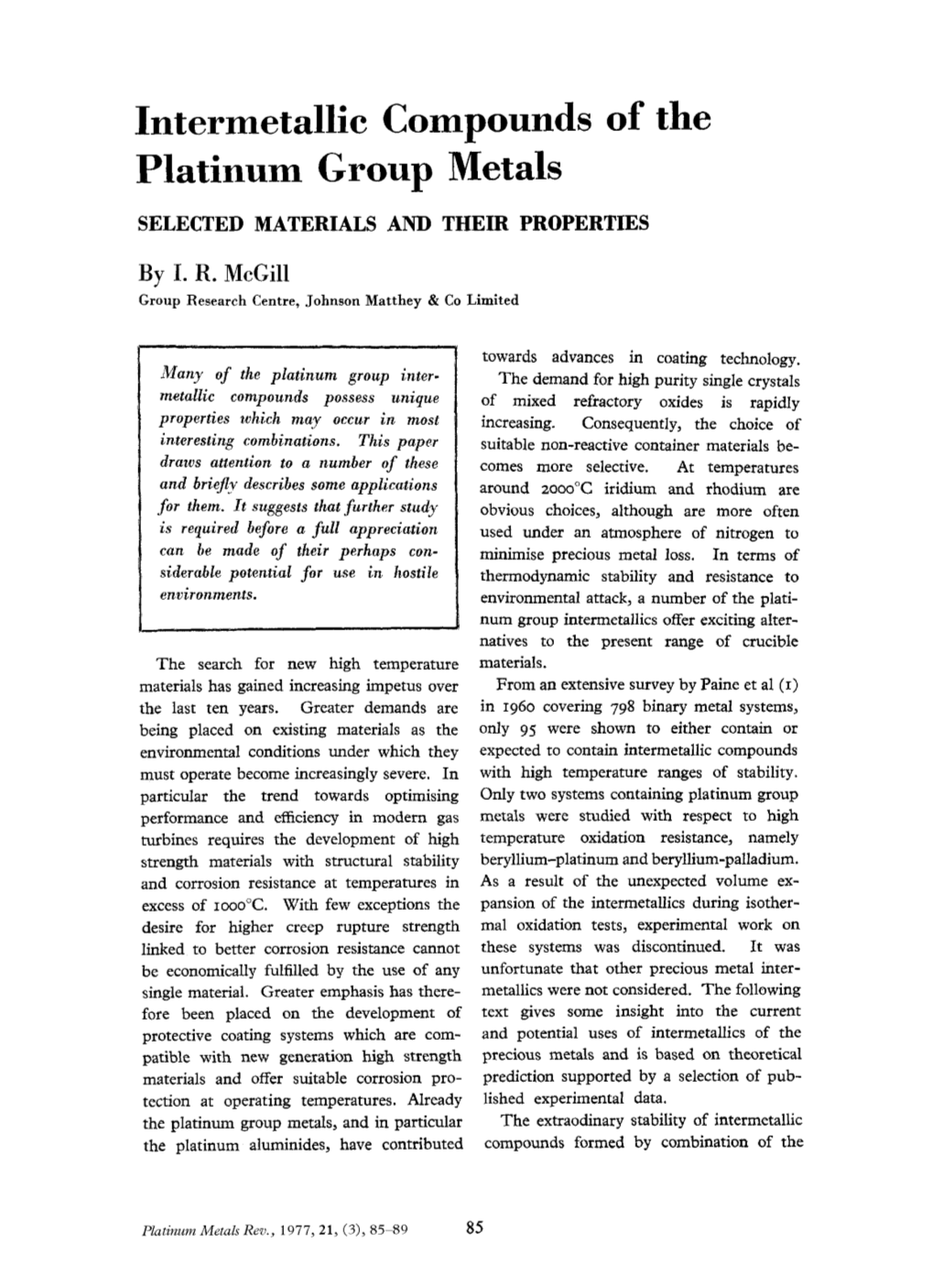 Intermetallic Compounds of the Platinum Group Metals SELECTED MATERIALS and THEIR PROPERTIES