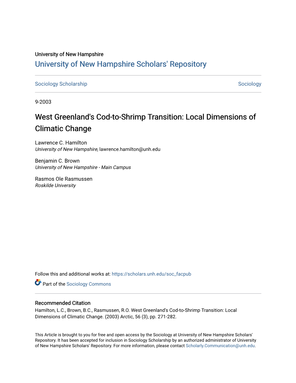 West Greenland's Cod-To-Shrimp Transition: Local Dimensions of Climatic Change