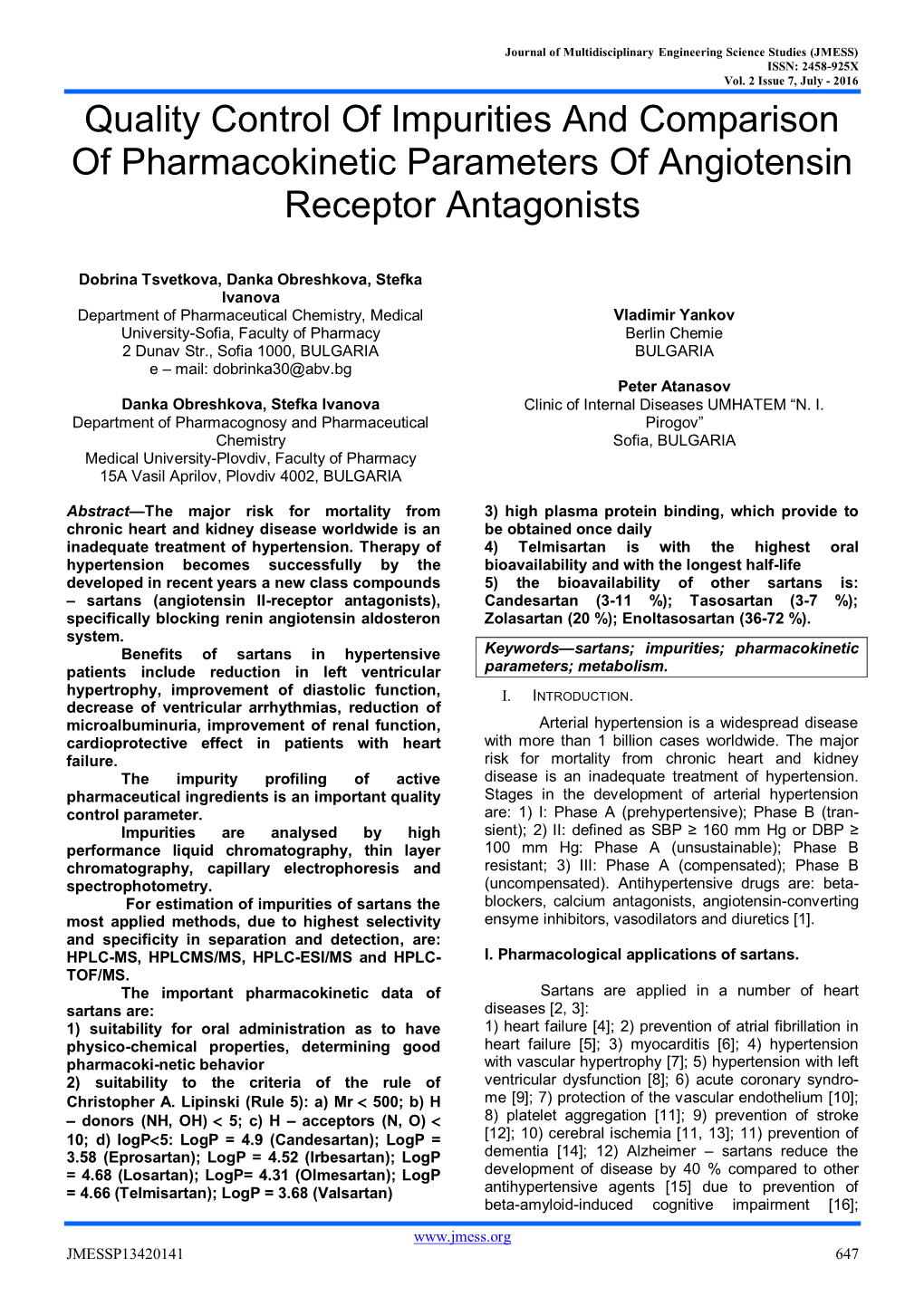 Quality Control of Impurities and Comparison of Pharmacokinetic Parameters of Angiotensin Receptor Antagonists