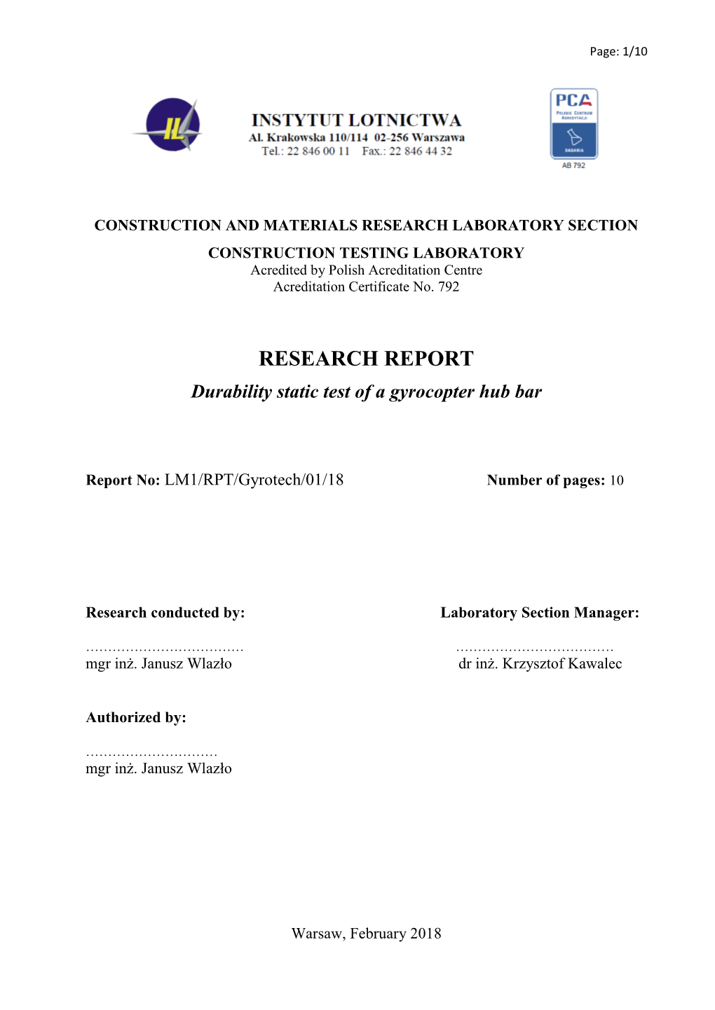 RESEARCH REPORT Durability Static Test of a Gyrocopter Hub Bar