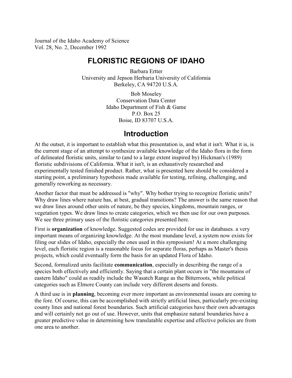 FLORISTIC REGIONS of IDAHO Introduction