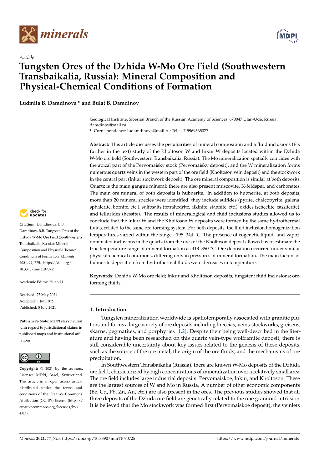 Tungsten Ores of the Dzhida W-Mo Ore Field (Southwestern Transbaikalia, Russia): Mineral Composition and Physical-Chemical Conditions of Formation