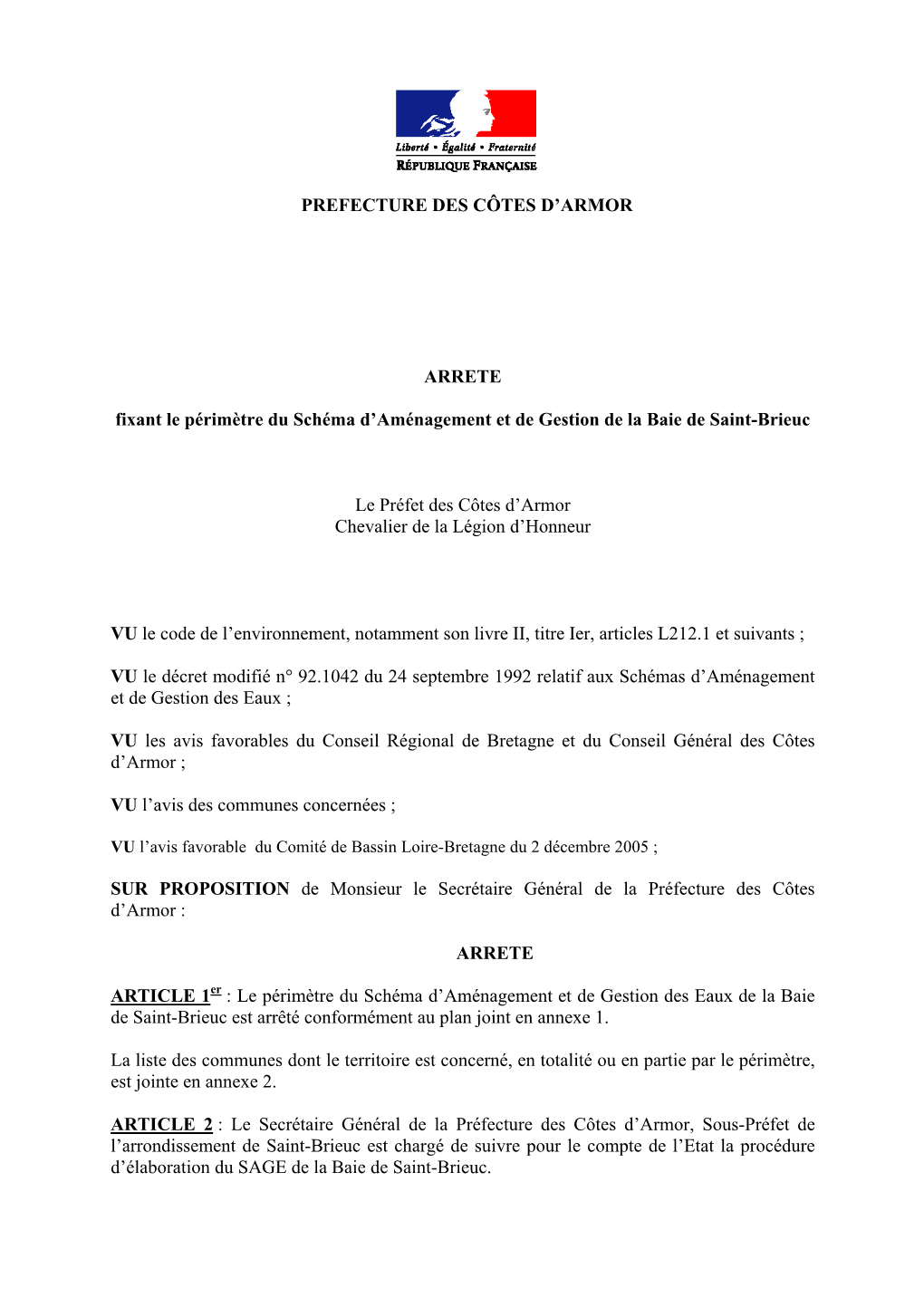 PREFECTURE DES CÔTES D'armor ARRETE Fixant Le