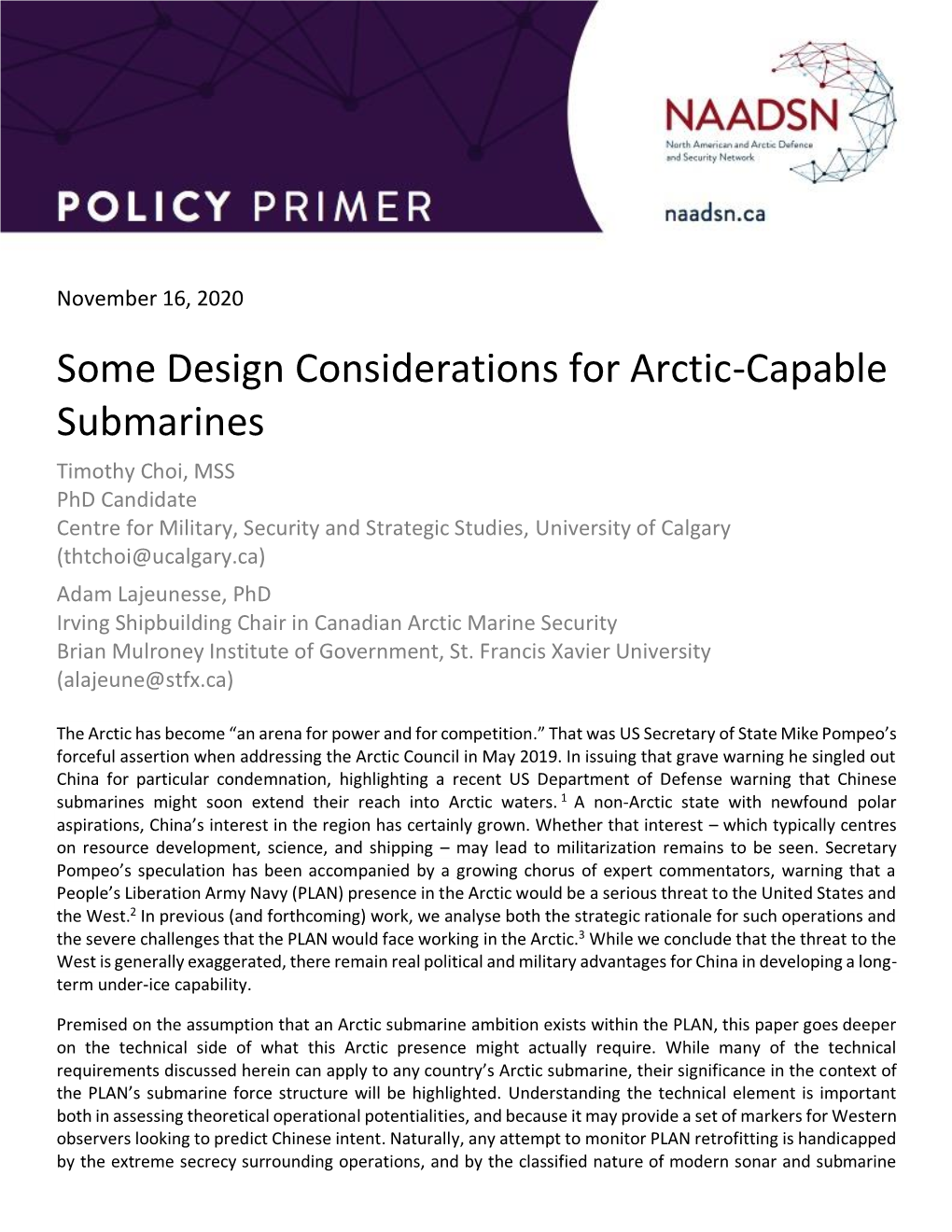 Some Design Considerations for Arctic-Capable Submarines