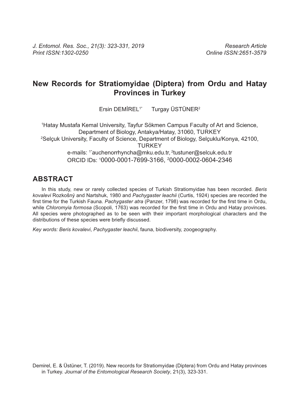 New Records for Stratiomyidae (Diptera) from Ordu and Hatay Provinces in Turkey