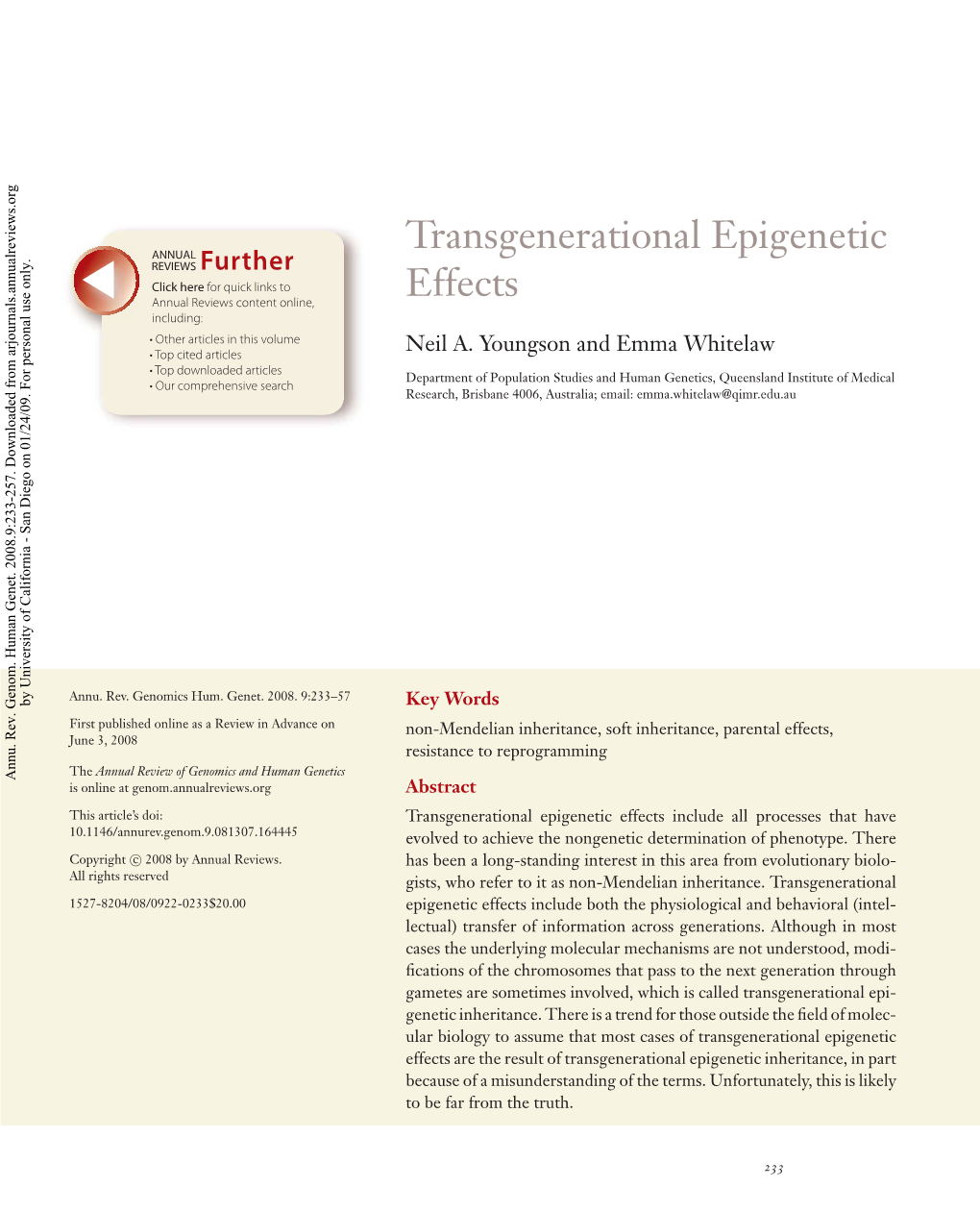 Transgenerational Epigenetic Effects