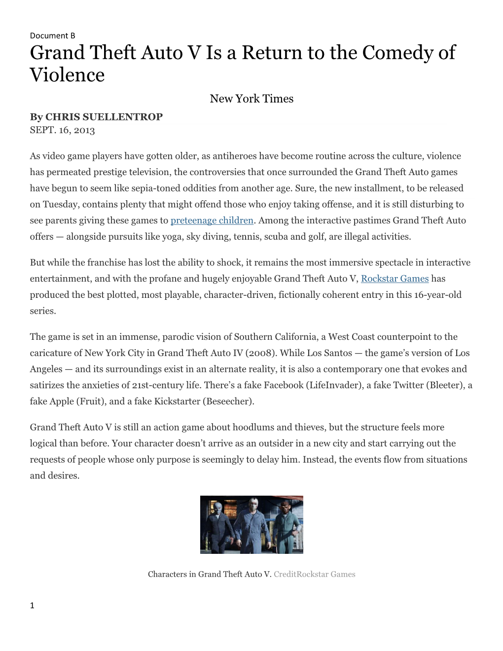 Grand Theft Auto V Is a Return to the Comedy of Violence New York Times by CHRIS SUELLENTROP SEPT