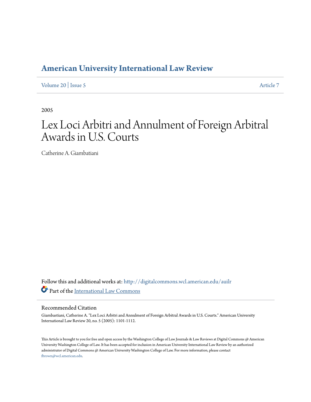 Lex Loci Arbitri and Annulment of Foreign Arbitral Awards in U.S