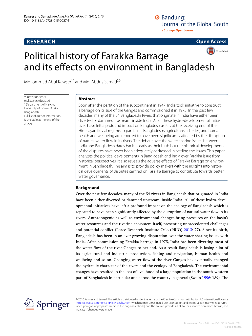 Political History of Farakka Barrage and Its Effects on Environment in Bangladesh