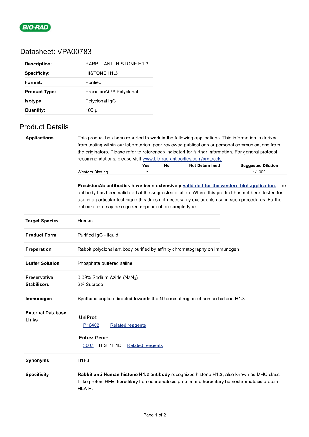 Datasheet: VPA00783 Product Details