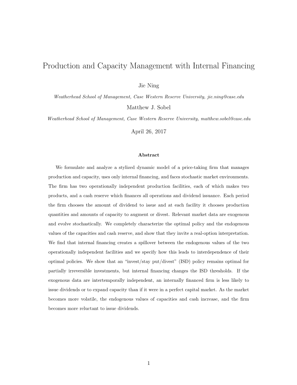 Production and Capacity Management with Internal Financing