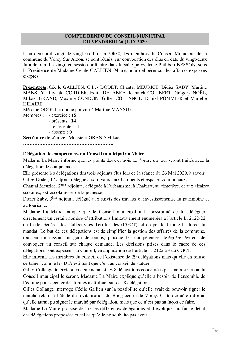 Compte Rendu Du Conseil Municipal Du Vendredi 26 Juin 2020