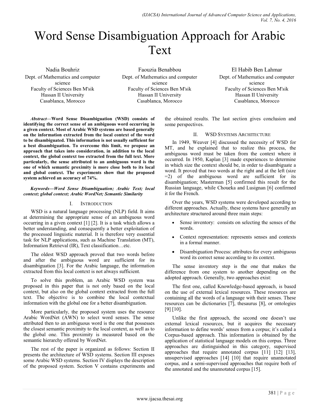 Word Sense Disambiguation Approach for Arabic Text