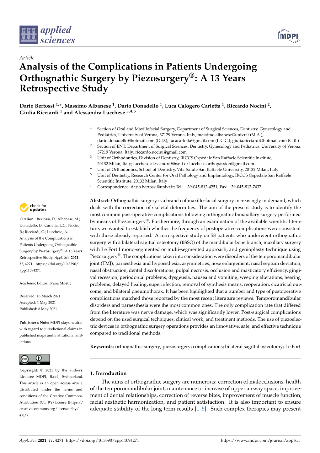 Analysis of the Complications in Patients Undergoing Orthognathic Surgery by Piezosurgery®: a 13 Years Retrospective Study