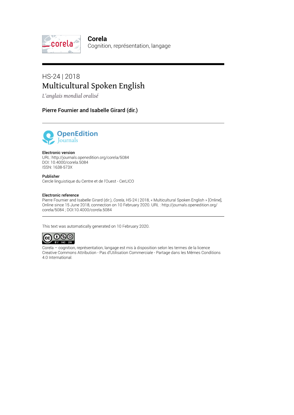 Corela, HS-24 | 2018, « Multicultural Spoken English » [Online], Online Since 15 June 2018, Connection on 10 February 2020