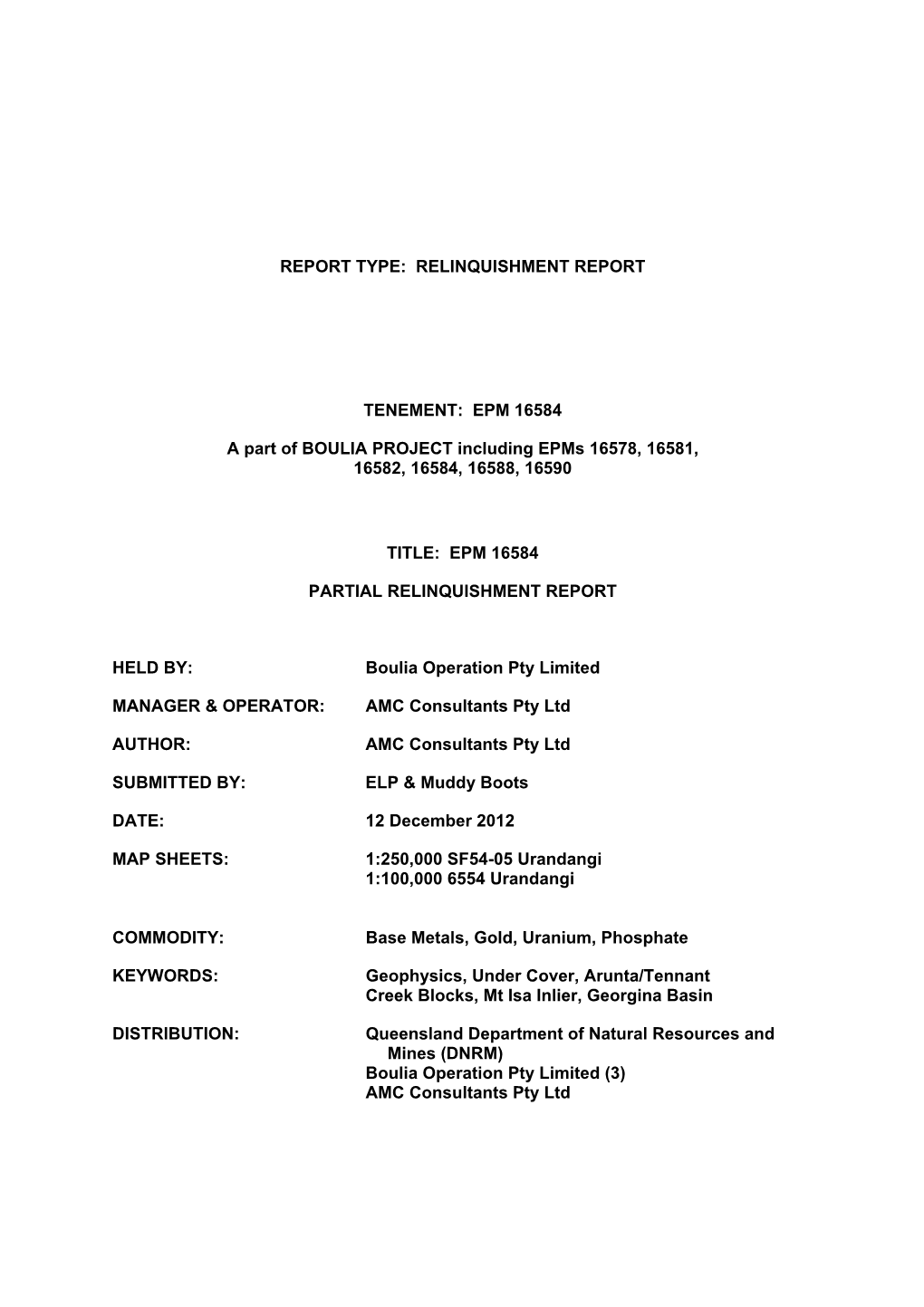 Relinquishment Report Tenement