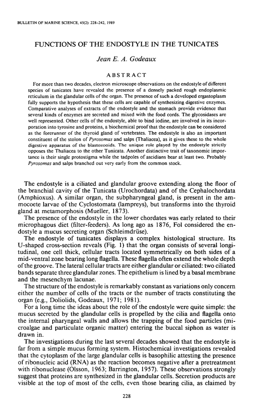 Functions of the Endostyle in the Tunicates