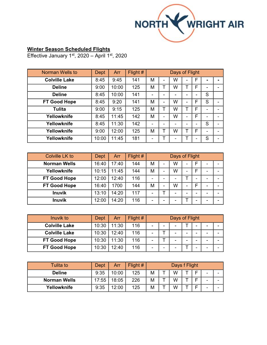 Winter Season Scheduled Flights Effective January 1St, 2020 – April 1St, 2020