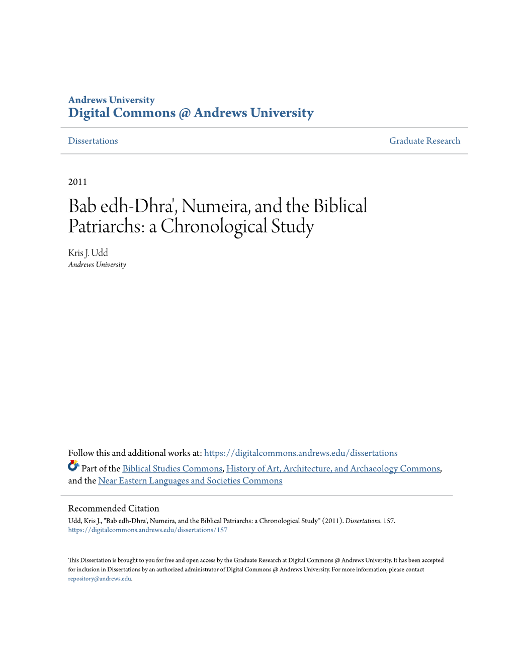 Bab Edh-Dhra', Numeira, and the Biblical Patriarchs: a Chronological Study Kris J