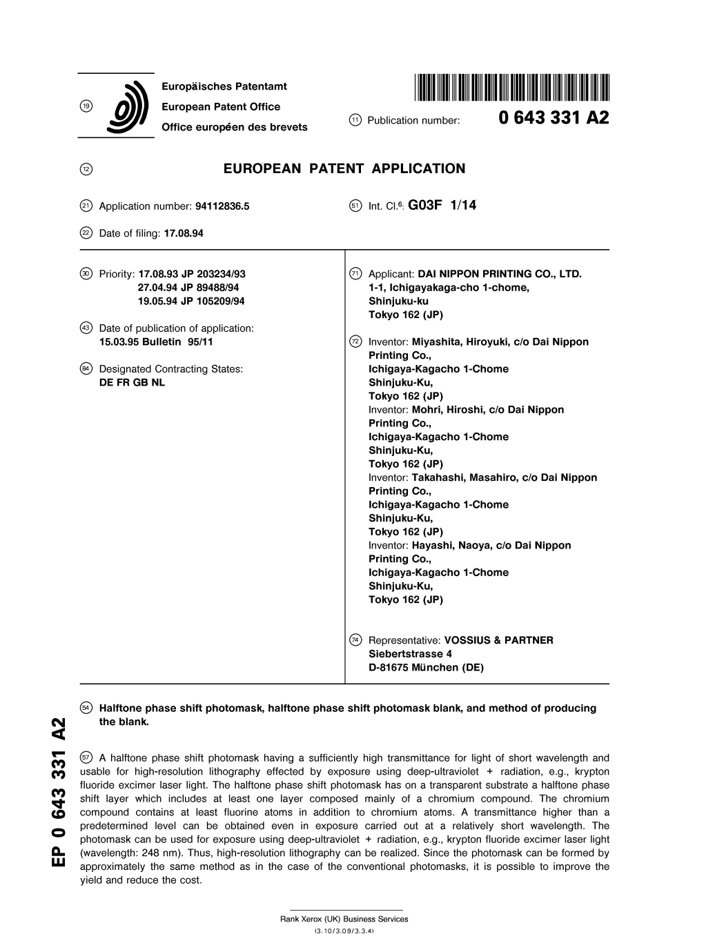 European Patent Office © Publication Number: 0 643 331 A2 Office Europeen Des Brevets