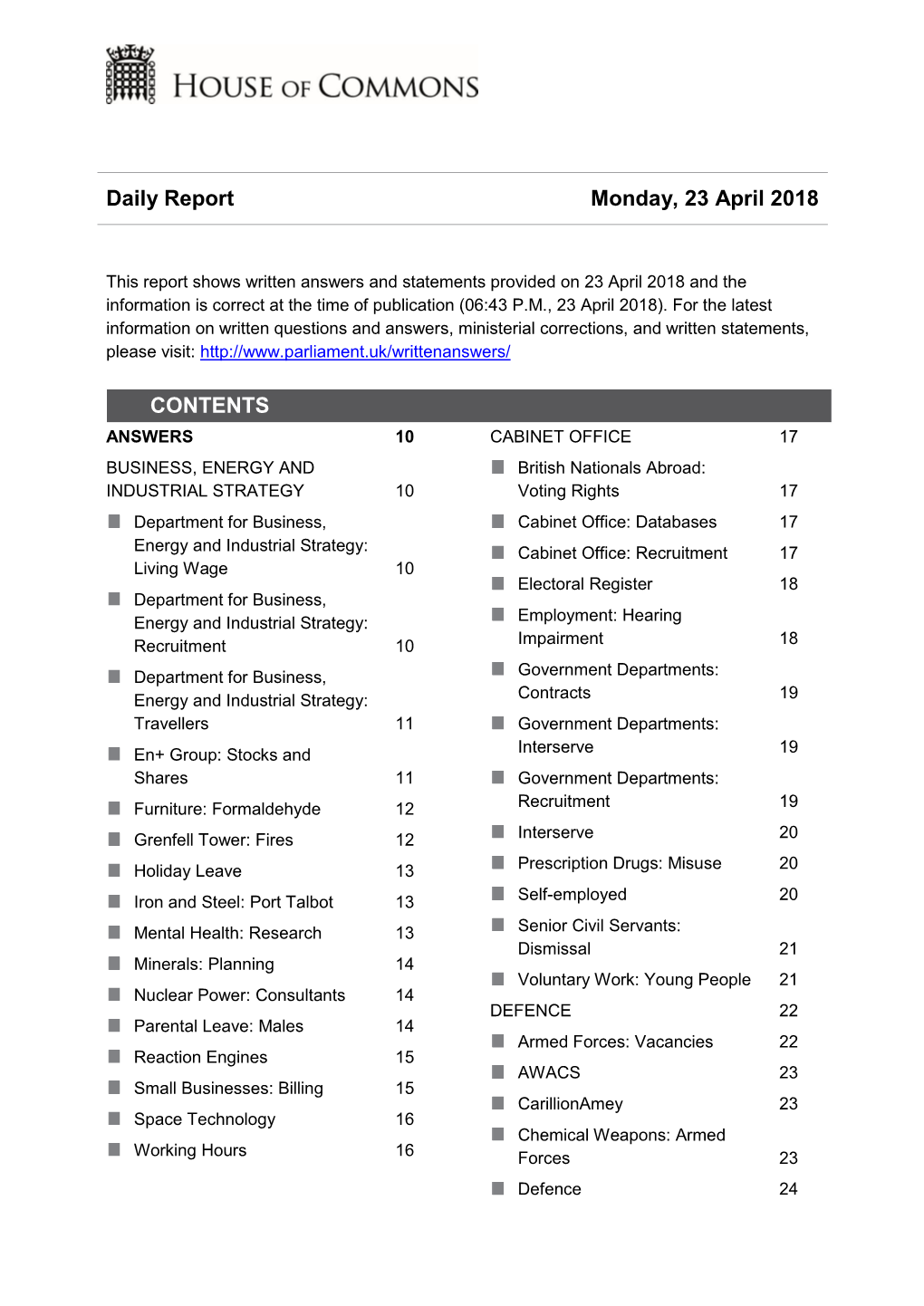 Daily Report Monday, 23 April 2018 CONTENTS