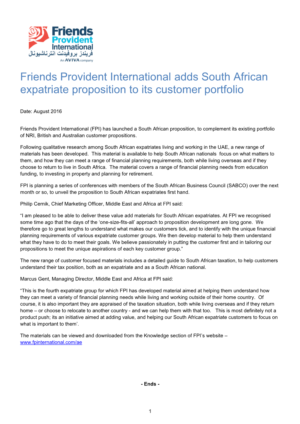 Friends Provident International Adds South African Expatriate Proposition to Its Customer Portfolio