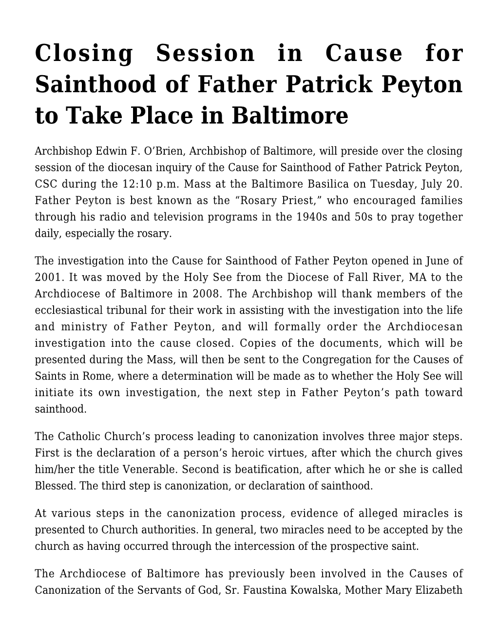 Closing Session in Cause for Sainthood of Father Patrick Peyton to Take Place in Baltimore