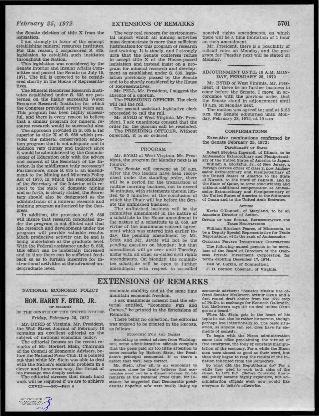 EXTENSIONS of REMARKS 5701 the Senate Deletion of Title X from the the Very Real Concern for Environmen­ Noncivil Rights Amendments, on Which Legislation