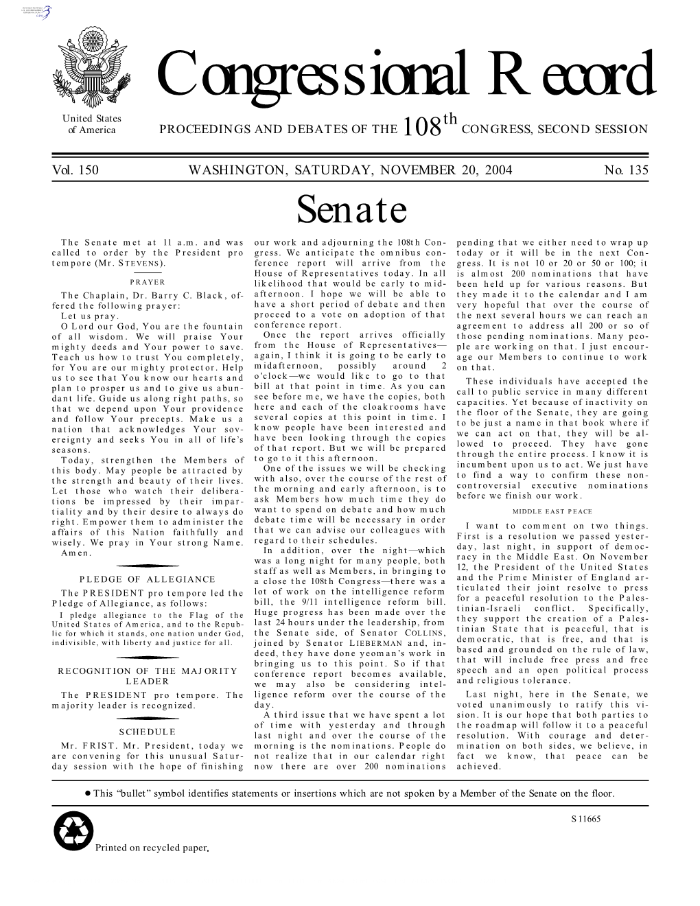 Congressional Record United States Th of America PROCEEDINGS and DEBATES of the 108 CONGRESS, SECOND SESSION