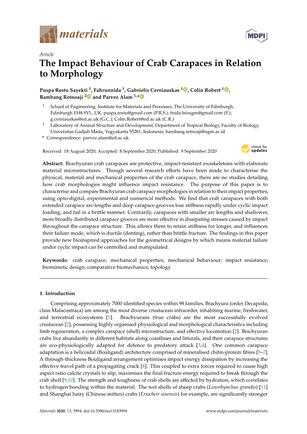 The Impact Behaviour of Crab Carapaces in Relation to Morphology