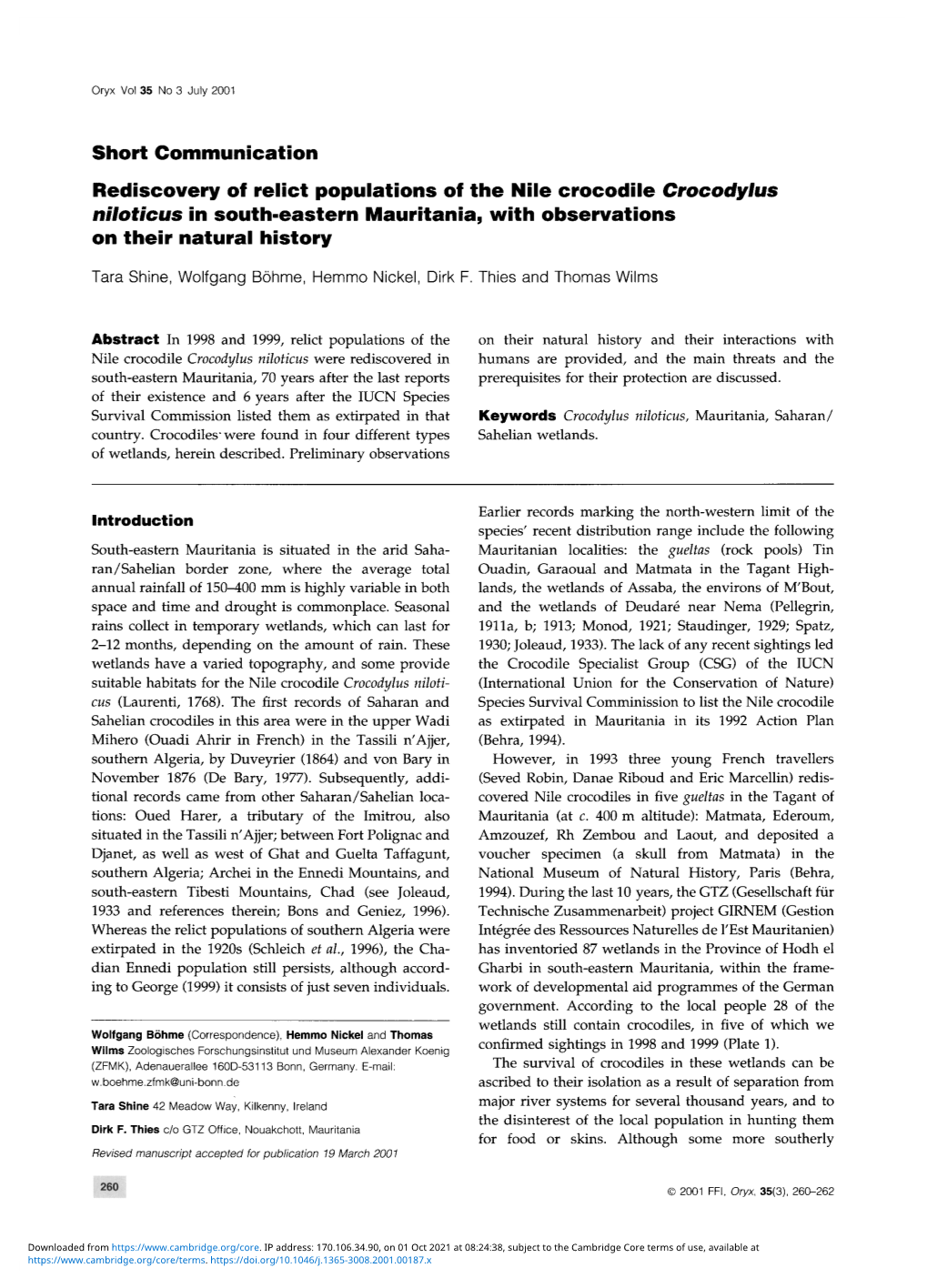 Rediscovery of Relict Populations of the Nile Crocodile Crocodylus Niloticus in South-Eastern Mauritania, with Observations on Their Natural History