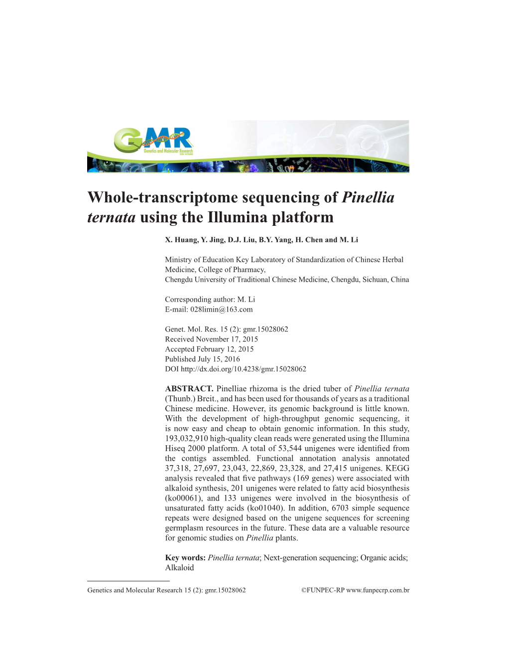 Whole-Transcriptome Sequencing of Pinellia Ternata Using the Illumina Platform