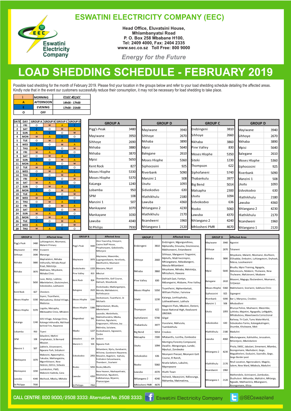 Load Shedding Schedule - February 2019