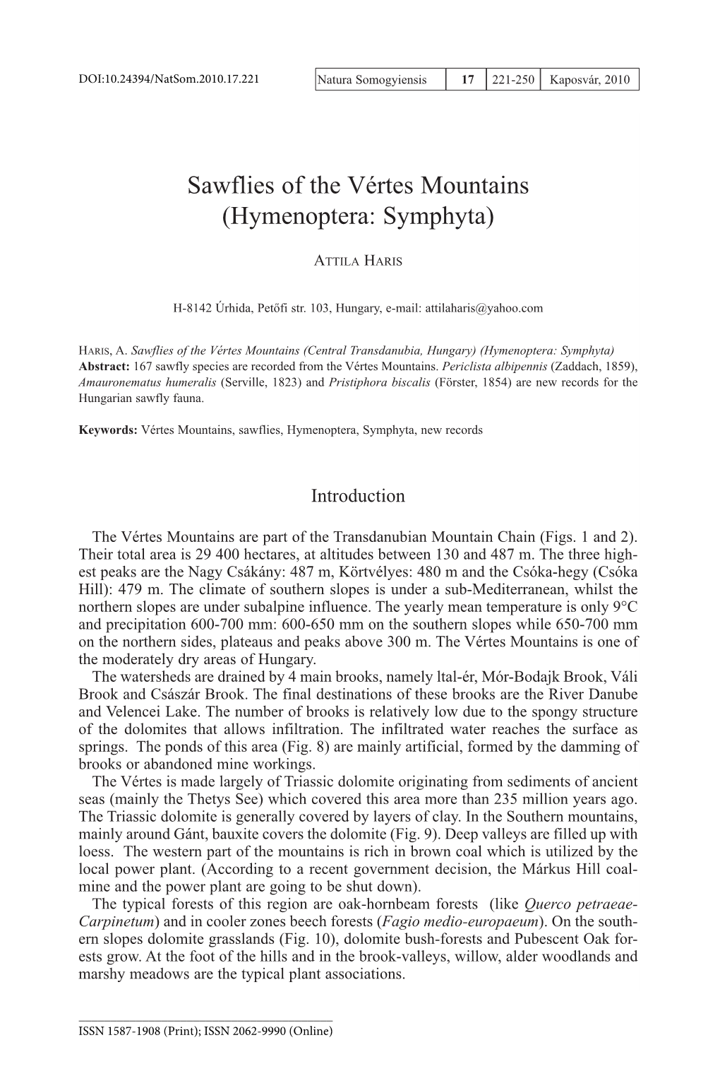Sawflies of the Vértes Mountains (Hymenoptera: Symphyta)