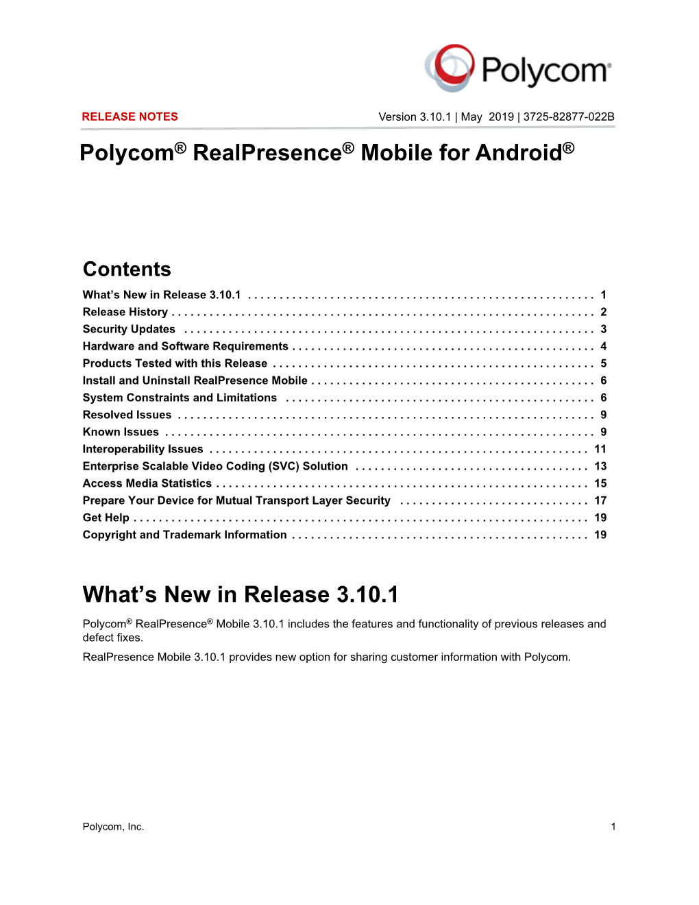 Polycom Realpresence Mobile for Android Release Notes 3.10.1