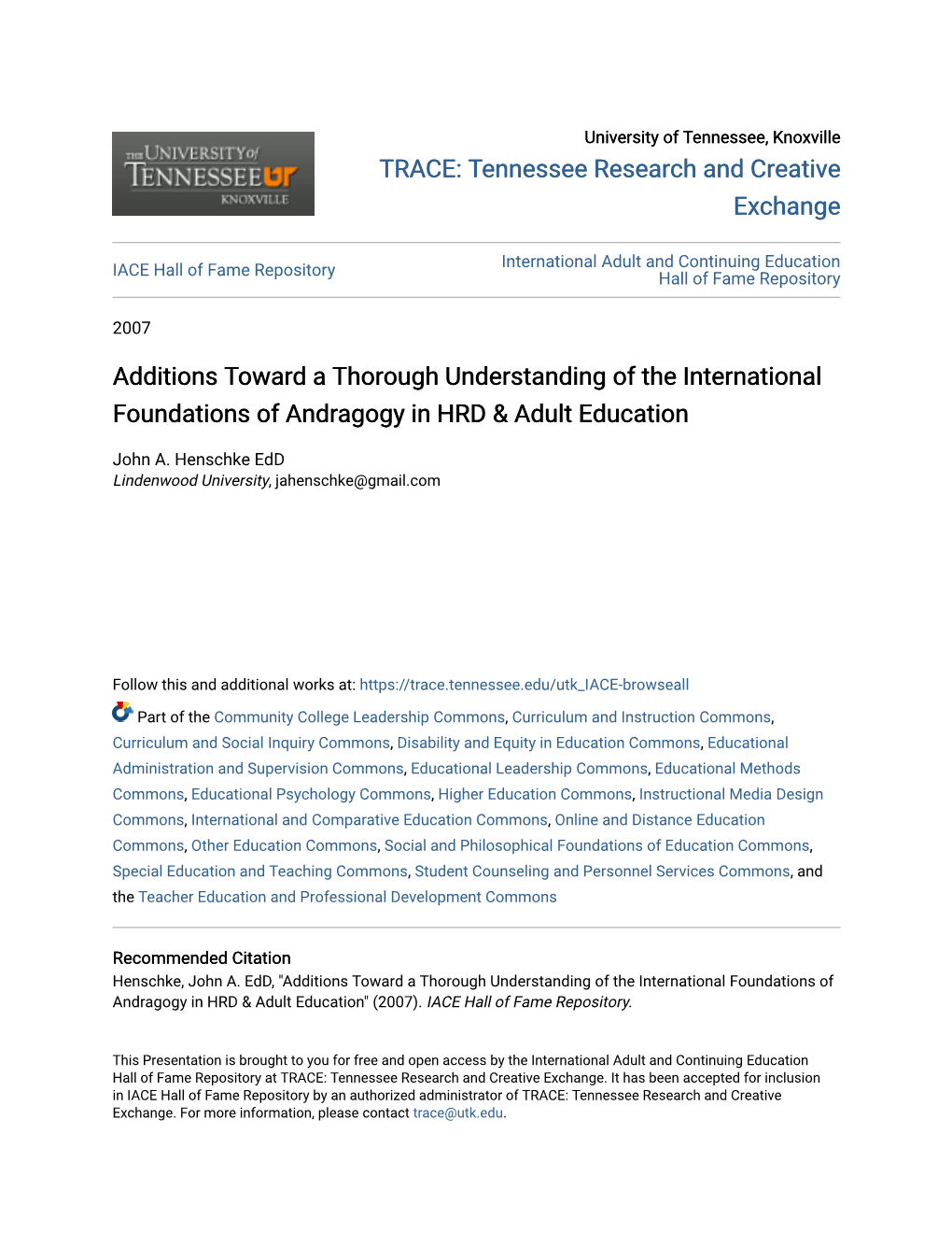 Additions Toward a Thorough Understanding of the International Foundations of Andragogy in HRD & Adult Education