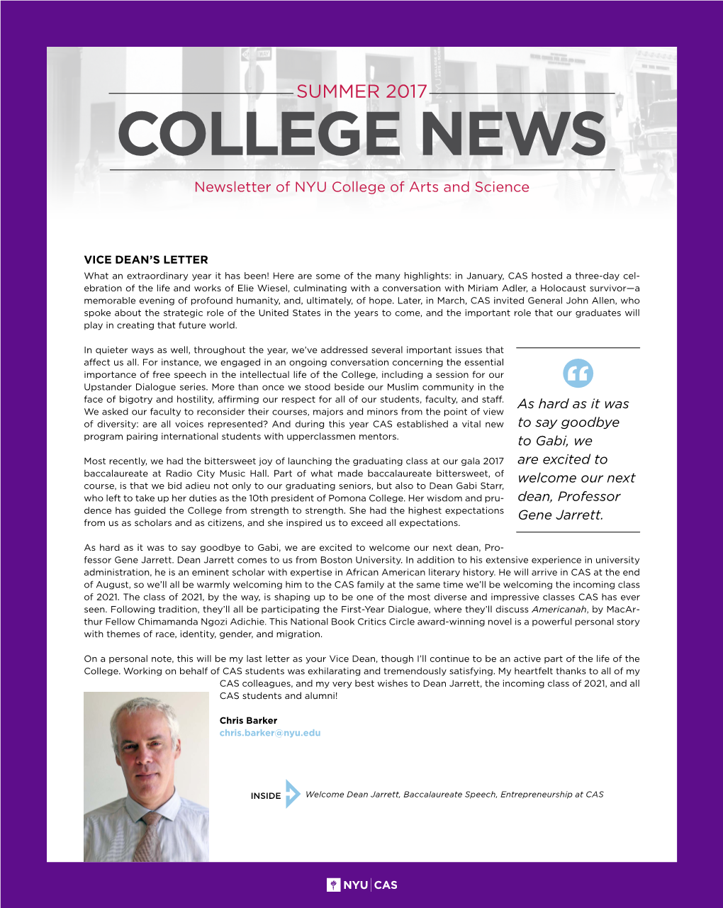 COLLEGE NEWS Newsletter of NYU College of Arts and Science