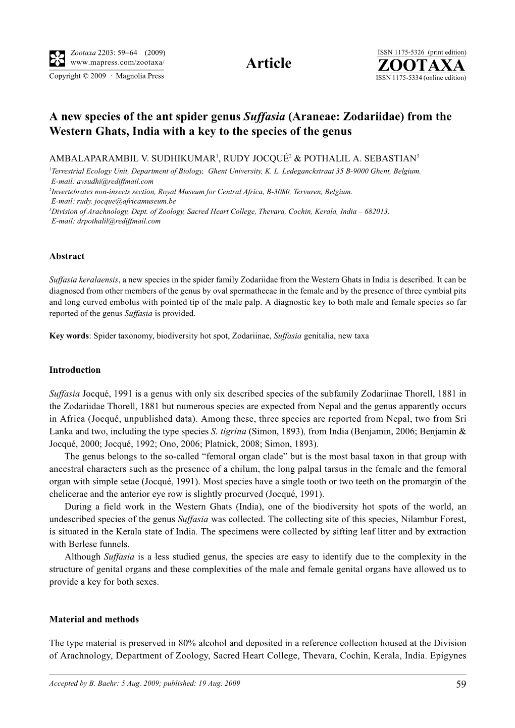 Zootaxa, a New Species of the Ant Spider Genus Suffasia