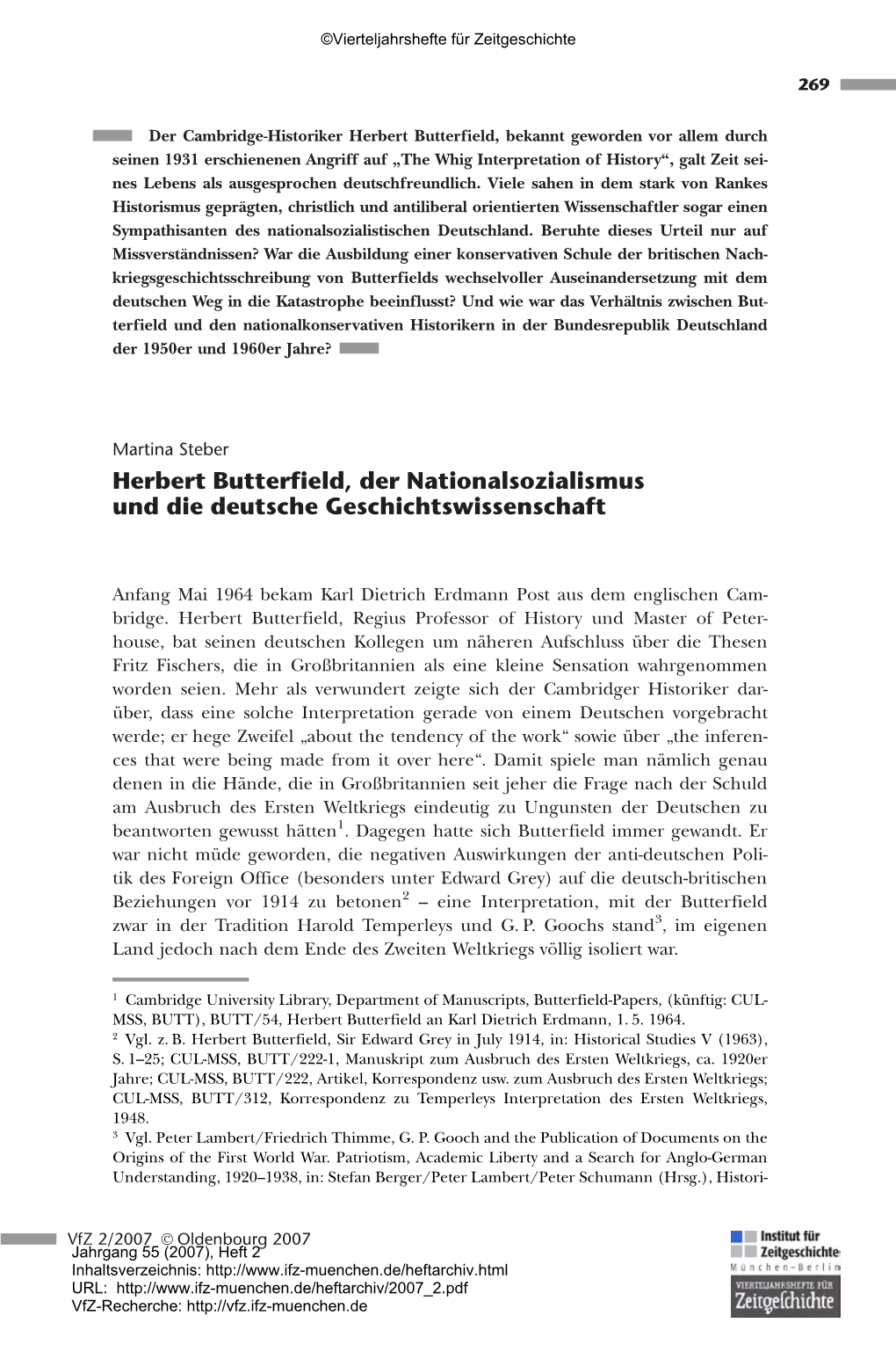Herbert Butterfield, Der Nationalsozialismus Und Die Deutsche Geschichtswissenschaft