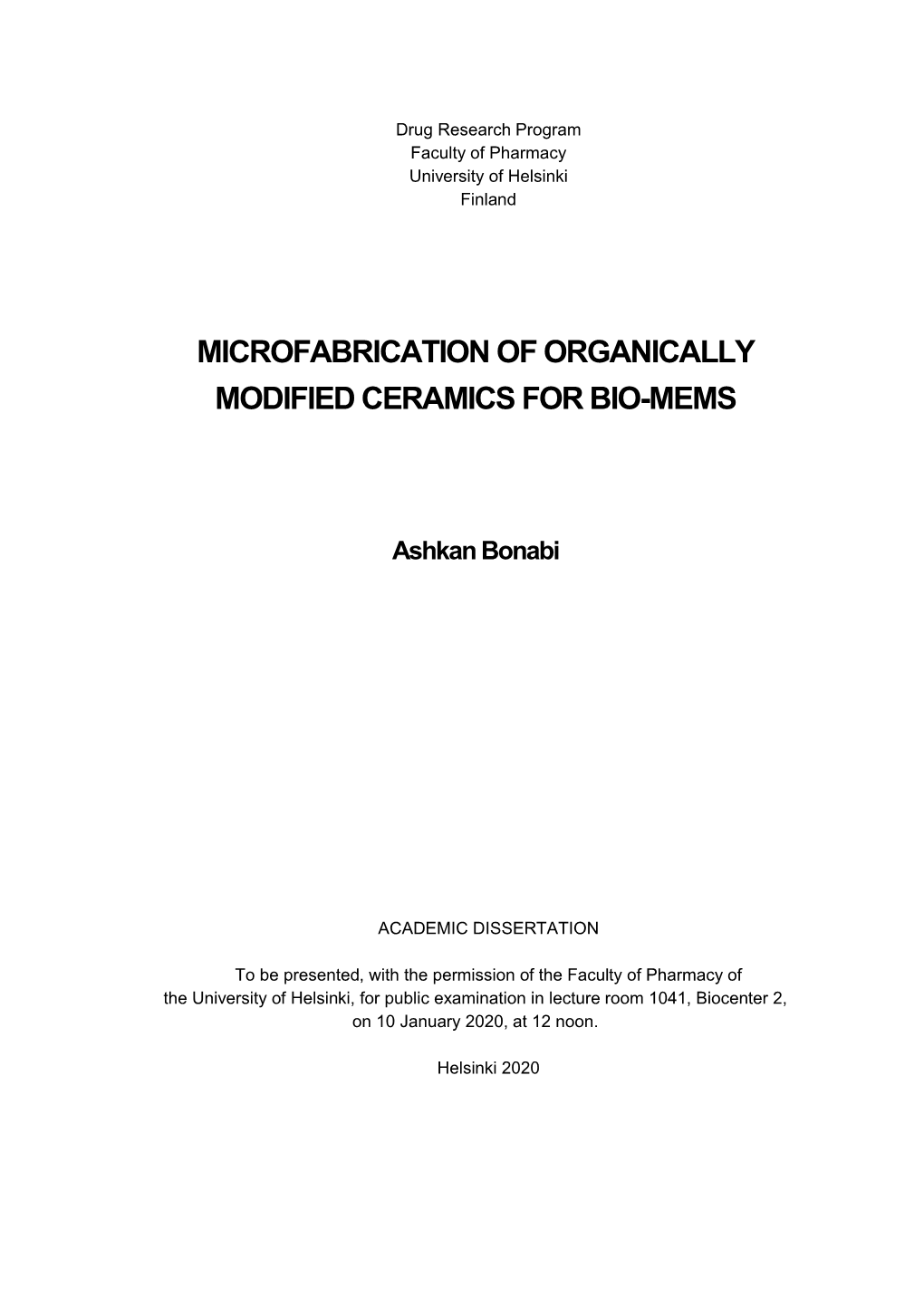 Microfabrication of Organically Modified Ceramics for Bio-Mems