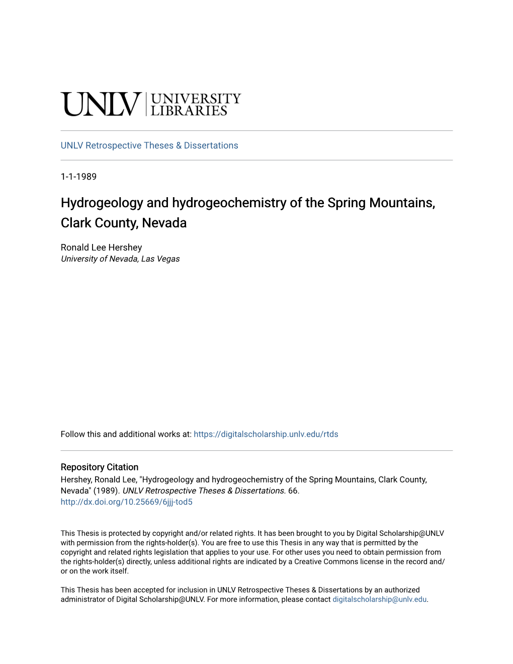 Hydrogeology and Hydrogeochemistry of the Spring Mountains, Clark County, Nevada