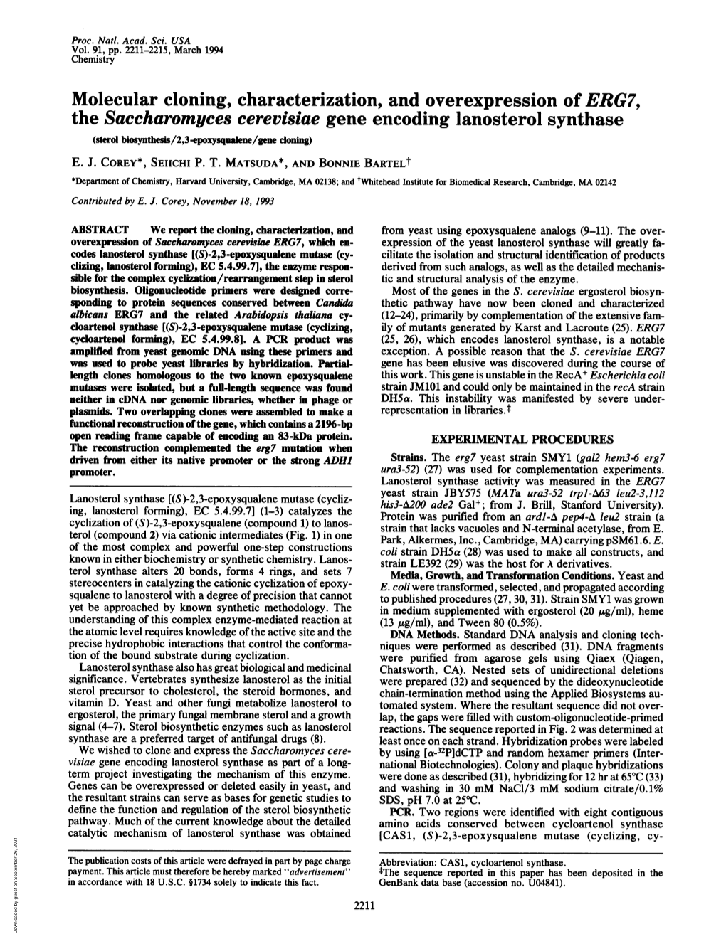 The Saccharomyces Cerevisiae Gene Encoding Lanosterol Synthase (Sterol Biosynthesis/2,3-Epoxysqualene/Gene Cloning) E