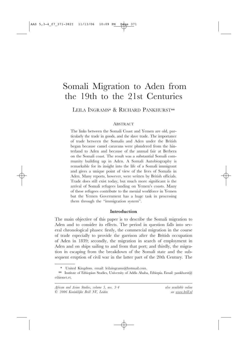 Somali Migration to Aden from the 19Th to the 21St Centuries