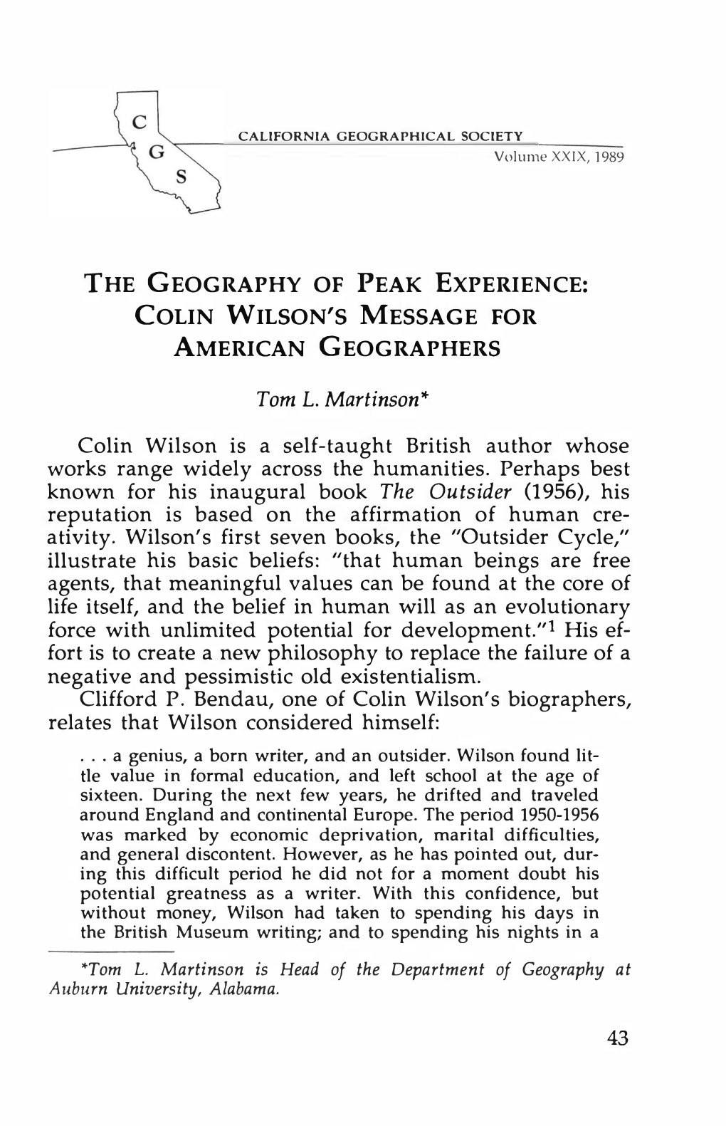 The Geography of Peak Experience: Colin Wilson's Message for American Geographers