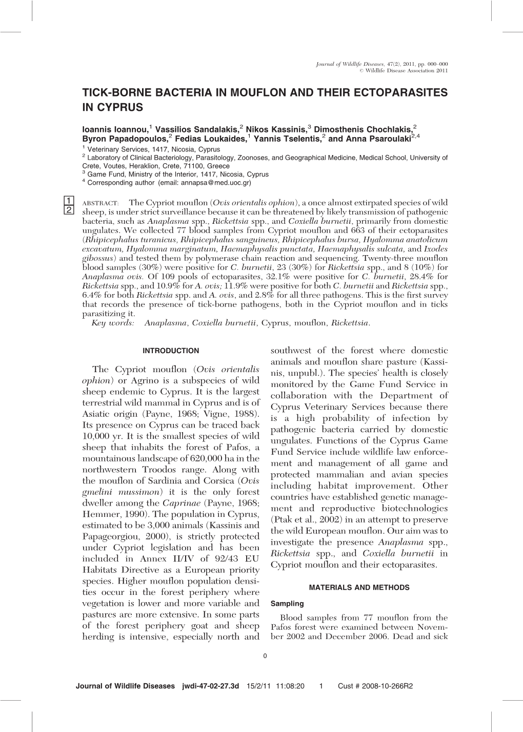 Tick-Borne Bacteria in Mouflon and Their Ectoparasites in Cyprus