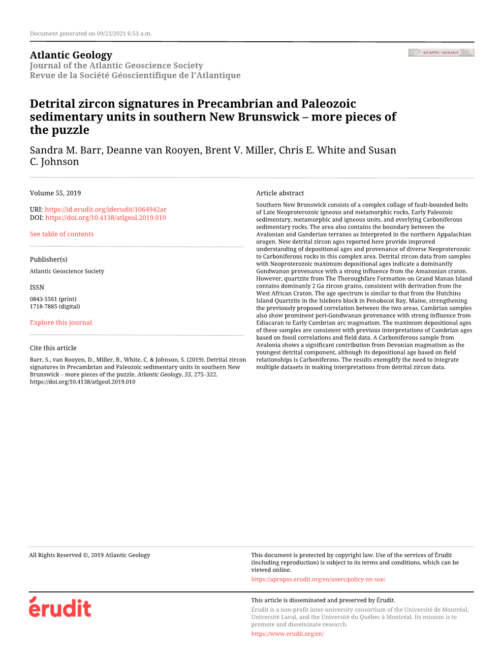 Detrital Zircon Signatures in Precambrian and Paleozoic Sedimentary Units in Southern New Brunswick – More Pieces of the Puzzle Sandra M