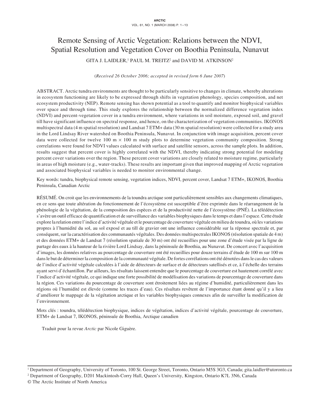 Remote Sensing of Arctic Vegetation: Relations Between the NDVI, Spatial Resolution and Vegetation Cover on Boothia Peninsula, Nunavut GITA J