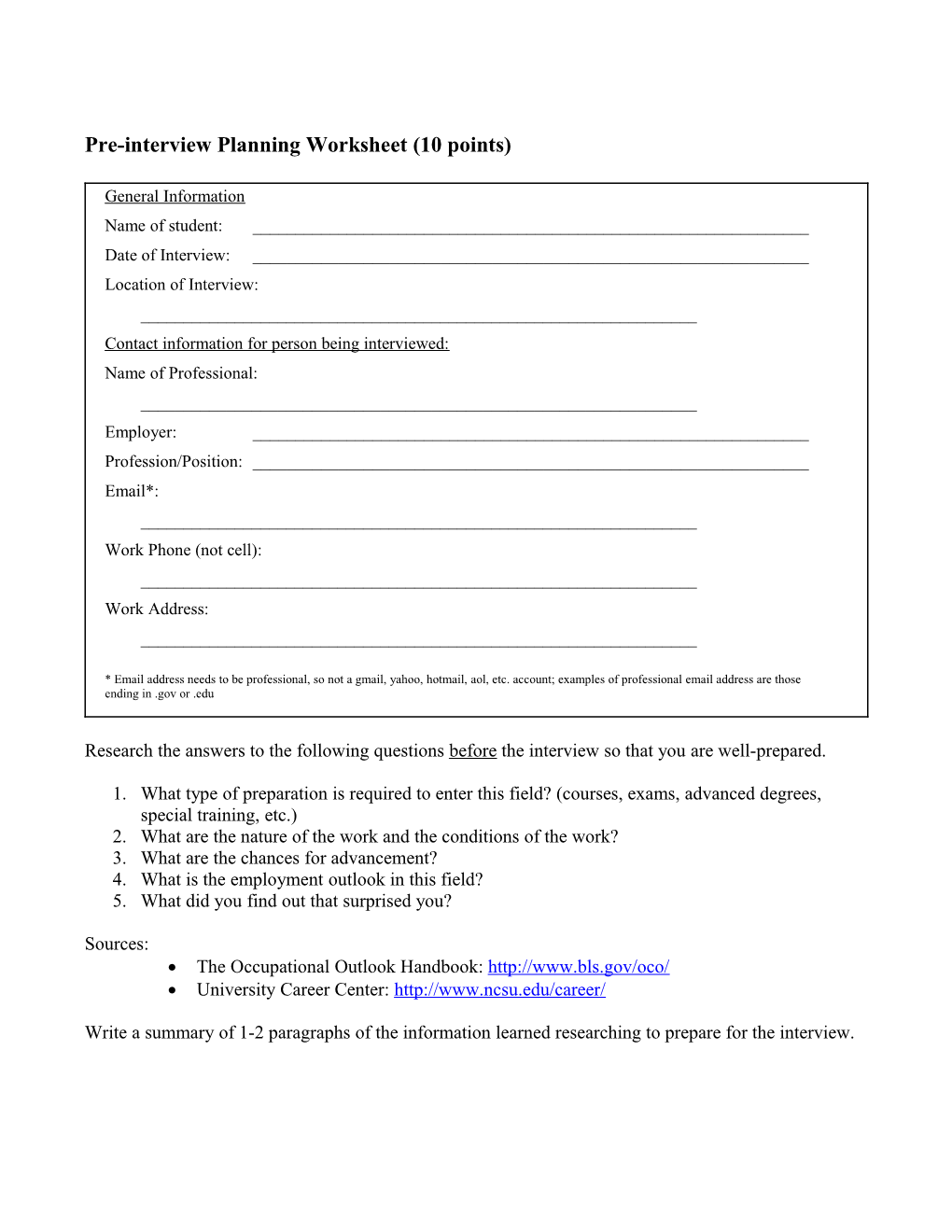 Pre-Interview Planning Worksheet (10 Points)